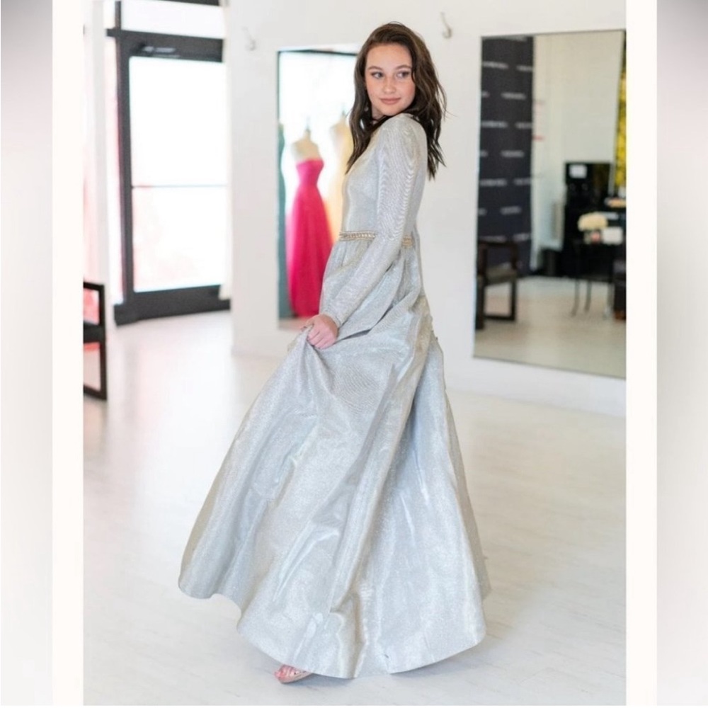 Mac Duggal Long Sleeve Glitter Crystal Ball Gown - Picture 3 of 8